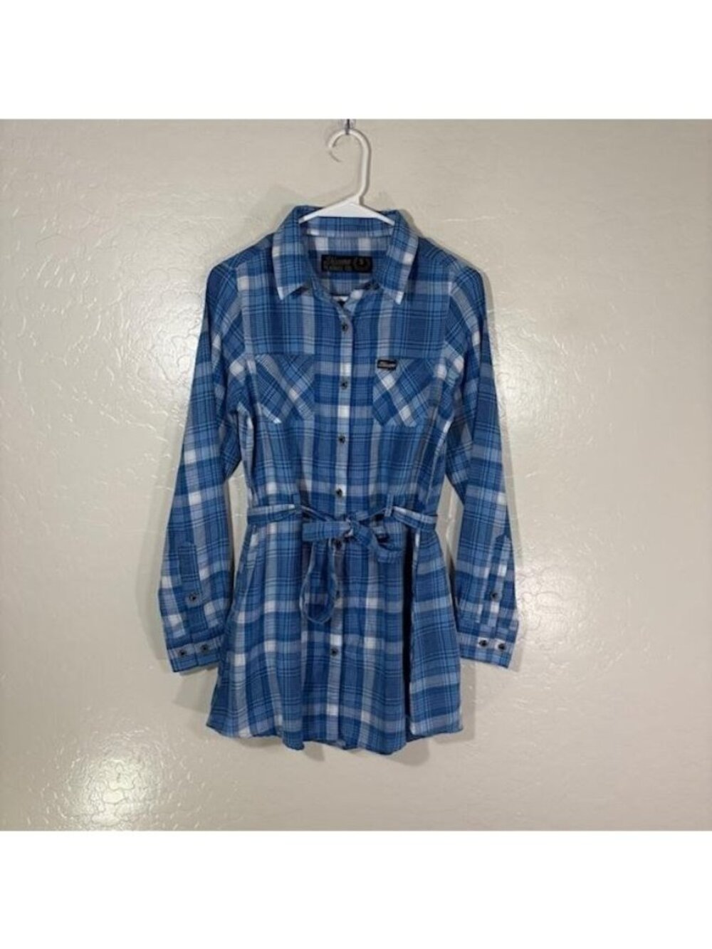Dixxon Flannel Co. Shirt Dress Womens Small Blue Plaid Belted Long Sleeve - Picture 1 of 7